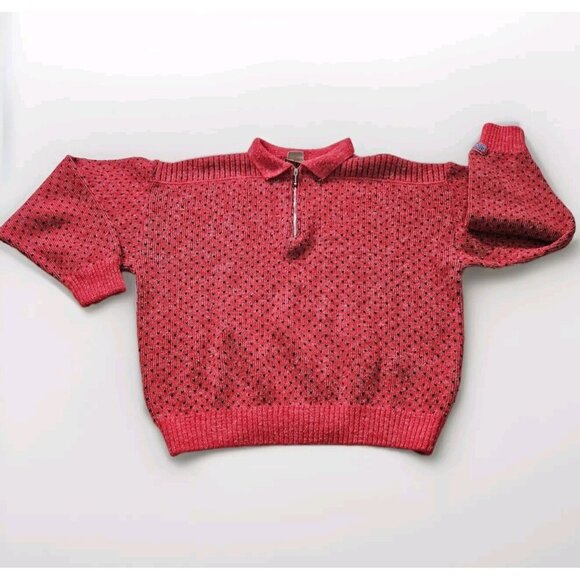Ellesse Sweater Women 18/XL Red Black LS Vintage Preppy Wool Blend 1/4 Zip Boho - Picture 1 of 15